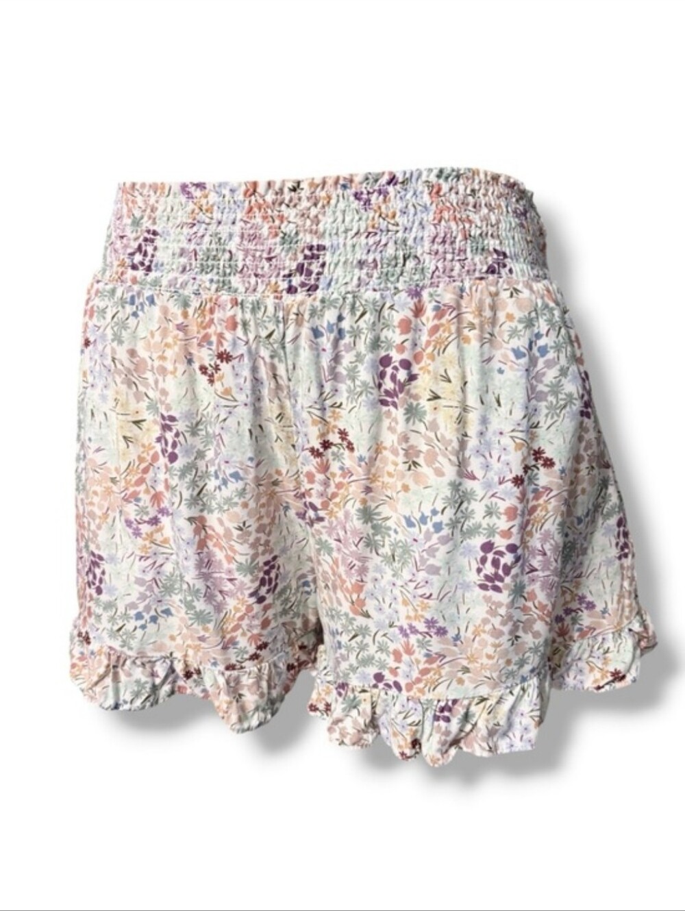 SHORE Multi-Color Floral Boho Shorts Smocked Elastic Waistband Ruffle Edges